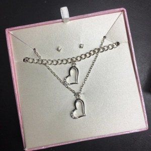 Necklace Bracelet Earrings Gift Set Silver Chain Heart Rhinestone Stud Pierced